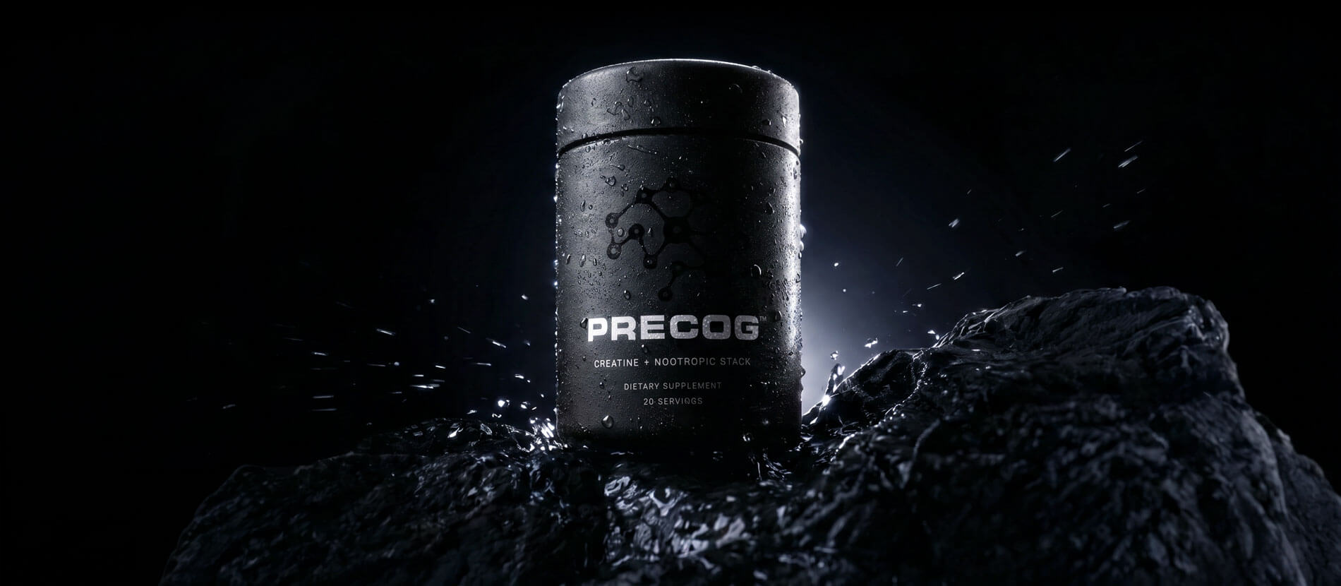 Precog™ creatine nootropic canister on wet rocks